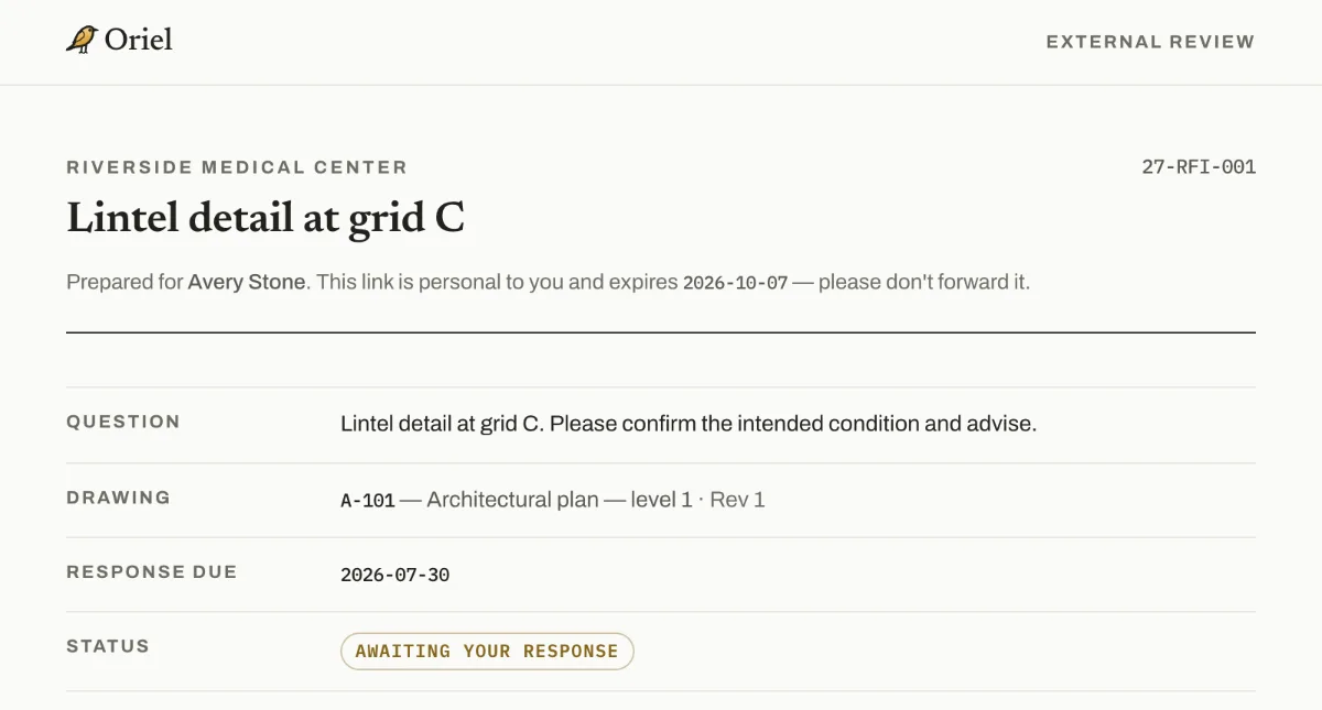 The reviewer's page: the RFI question, the sheet it is pinned to, the due date, and a response box, with no sign-in