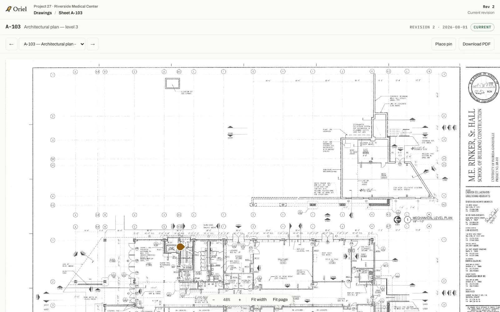 The Oriel drawing viewer: a scanned architectural plan, sheet A-103 at revision 2, with an RFI pinned to a stair
